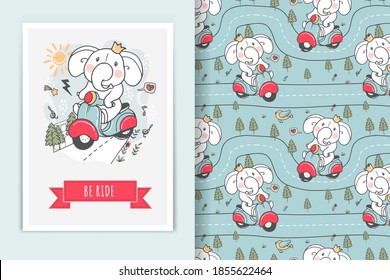 elephant riding scooter illustration doodle and seamless pattern background