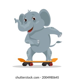 Elephant riding skateboard. Funny animal in cartoon style.