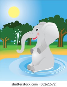 Elephant in the river vector illustration.