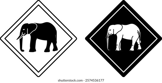 Elephant Road Signs. Black and White Vector Icons. Road Sign Warning about Crossing the Road by Animals. Sticker for Zoo