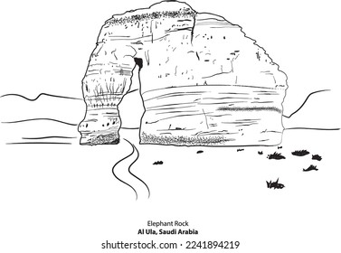 Elephant Rock at Al Ula Saudi Arabia Vector sketch hand drawn outline