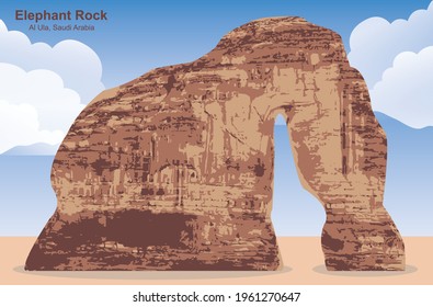 Elephant Rock Outcrop Geological Formation, "Al Ola" Al Ula, Saudi Arabia - Vector Illustration. Eps 10