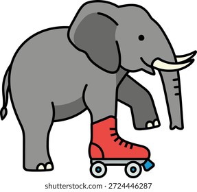 Etiqueta engomada del patinaje sobre ruedas del elefante que presenta un carácter gris alegre del elefante que lleva un patín de rodillo rojo. Ilustración vectorial plana de alta calidad ideal para pegatinas para niños, decoración de guardería, ropa para niños y estampados lúdicos.
