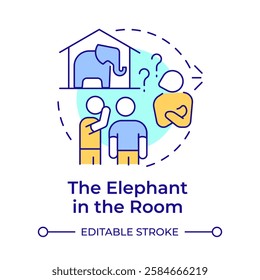 Elephant in room multi color concept icon. Problem ignoring, solving issue. Team work. Round shape line illustration. Abstract idea. Graphic design. Easy to use in infographic, presentation