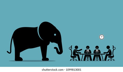 Elephant in the room. Vector artwork illustration depicts the concept of obvious problem, avoiding difficult situation, and evading unpleasant scenario. 