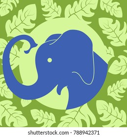 Elephant in a round frame decorated with a pattern of leaves. For labels, packaging, decor, stickers.