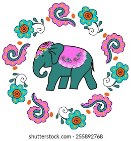 Elephant in round frame with flower
