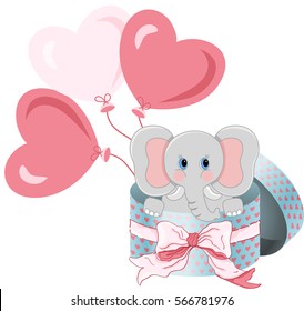 Elephant in round gift box with bow ribbon and balloons

