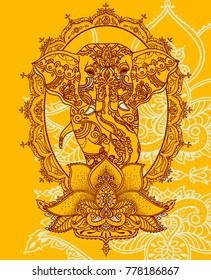 elephant in royal frame and stylized lotus flower, can be used as greeting card for diwali festival or as touristic banner for travel to India or Thailand, vector illustration