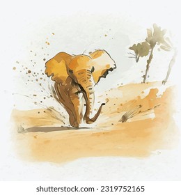 elephant running in desert Africa , watercolor style, Portrait