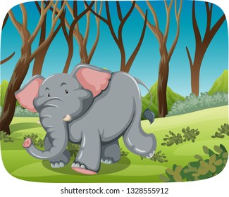 Elefante corriendo en la ilustración del bosque