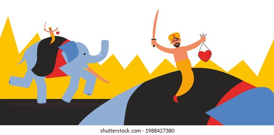 Elephant running with rider vector illustration. Brave warrior and animal. Sword and heart in man hands. Cartoon asian characters. Travel and journey concept. Man in traditional clothes.