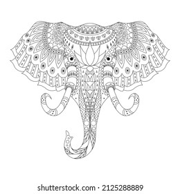 Elephant 's head . Vector contour illustration isolated on a white background. Coloring page with doodle and zentangle elements, design, printing, decor, tattoo.