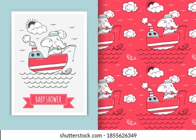 elephant sailor illustration doodle and seamless pattern background