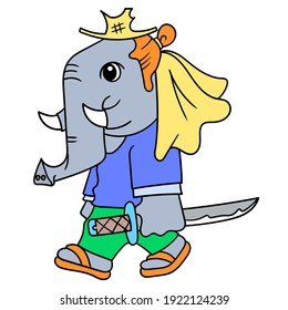 elephant samurai warrior carrying katana sword ready to fight. vector illustration art, doodle icon image kawaii.