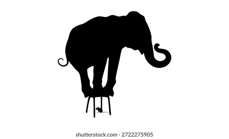 An elephant scared by a mouse, black isolated silhouette