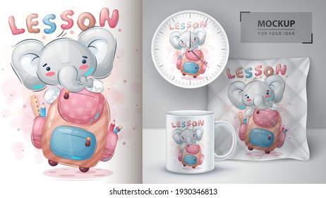 Elephant with school bag poster and merchandising. Vector eps 10