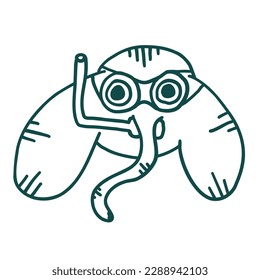 Elephant in scuba gear. Vector illustrations in outline doodle style isolated on white background.