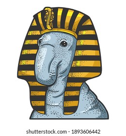Elephant seal in headdress of egyptian pharaoh sketch color engraving vector illustration. T-shirt apparel print design. Scratch board imitation. Black and white hand drawn image.