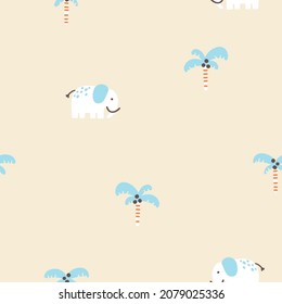 Elephant seamless minimalistic pattern with palm trees. Cute cartoon characters on a beige background. Hand-drawn illustrations in Scandinavian style. Ideal for baby test, clothing, wallpaper