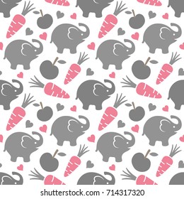 Elephant Seamless Pattern Background with Fruit and Heart, Vector illustration 