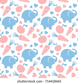 Elephant Seamless Pattern Background with Fruit and Heart, Vector illustration