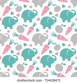 Elephant Seamless Pattern Background with Fruit and Heart, Vector illustration