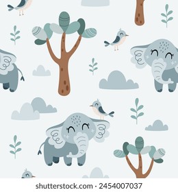 Elephant seamless pattern in cartoon flat style. Jungle animal digital paper. Tropical pattern. Safari paper. Hand drawn vector pattern