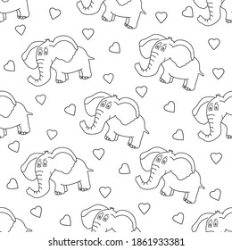 Elephant seamless pattern. Cute animal and hearts. Vector illustration.
