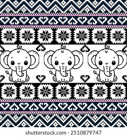Elephant seamless pattern 
embroidery stitch.  geometric ornaments.