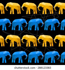 Elephant seamless pattern painted in bright imaginary colors isolated on black background. Abstract bright  polygonal geometric triangle illustration for use in design