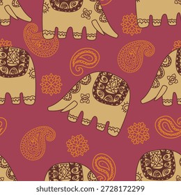 Elefant nahtloses Muster mit Paisley und Mandala für Home Decor - Burgundy Boho