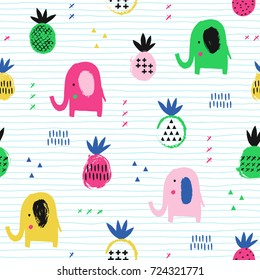 Elephant seamless pattern with pineapple. Kid design. Vector illustration.