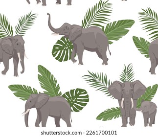 Elephant seamless pattern. Repeating element for printing on fabric. Tropical and exotic grey animal on background of leaves. Jungle, fauna and flora, wild life. Cartoon flat vector illustration