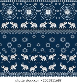 Elephant seamless tribal with dark blue backgroundpattern.ethnic Indian elephant pattern.Design for elephants pants factory ,wallpapers background clothing, batik saree, wrapping and other designs.