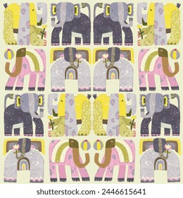 Elephant seamless watercolor vector seamless pattern.