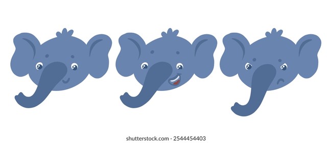 Las expresiones faciales del conjunto del elefante son emociones diferentes, Ilustración vectorial simple plana