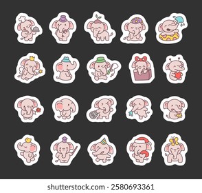 Elephant set featuring cute kawaii cartoon characters in various funny poses, wearing different hats, holding objects, and expressing emotions in an adorable way for stock illustrations