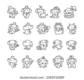 Elephant set featuring cute kawaii cartoon characters in various funny poses, wearing different hats, holding objects, and expressing emotions in an adorable way for stock illustrations