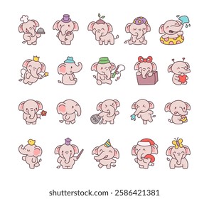 Elephant set featuring cute kawaii cartoon characters in various funny poses, wearing different hats, holding objects, and expressing emotions in an adorable way for stock illustrations