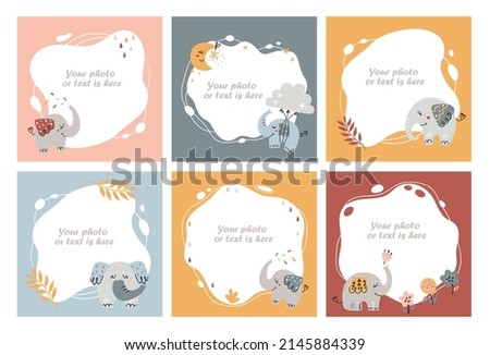 Elephant set of frames for kids photos, templates or invitations