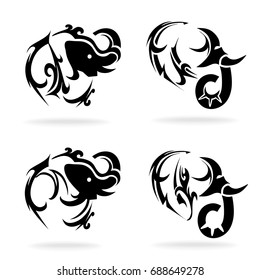 Elephant set, on white background, illustration, tribal