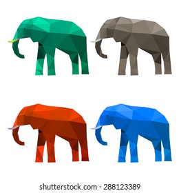 Elephant set painted in bright imaginary colors isolated on white background. Abstract bright  polygonal geometric triangle illustration for use in design