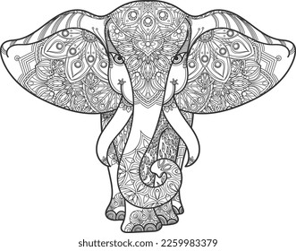 Elephant shape with decorative zen pattern. Ornate tattoo