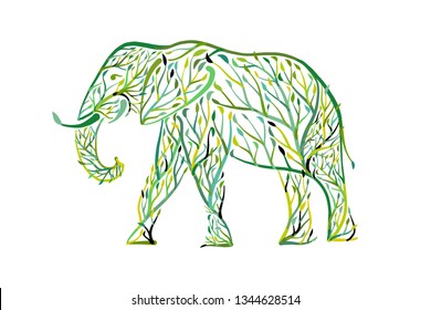 Elephant shape made from tree leaves. Save the earth. Vector design