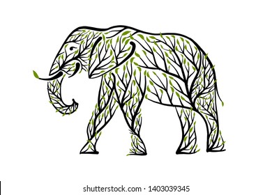Elephant shape made from tree leaves. Save the earth. Vector design