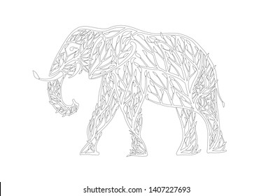 Elephant shape made from tree leaves. Coloring page