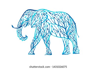 Elephant shape made from tree leaves. Save the earth. Vector design