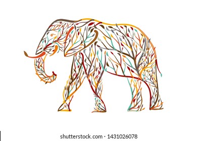 Elephant shape made from tree leaves. Save the earth. Vector design