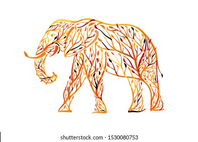 Elephant shape made from tree leaves. Save the earth. Vector design sketch